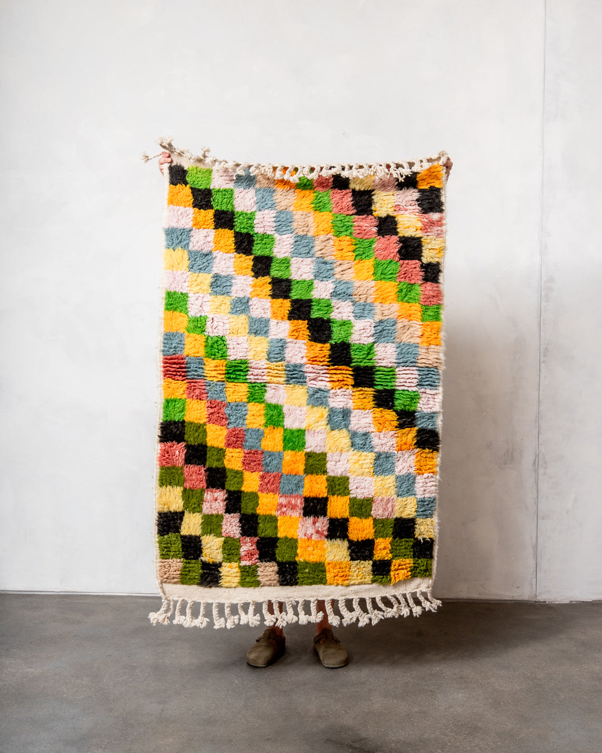 Modern, designer, handcrafted Berber rug from Morocco. Beniourain carpet with beautiful colours and patterns and fluffy wool texture.